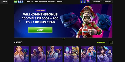 RTBet-Startseite mit Sport-Ersteinzahlungsbonus